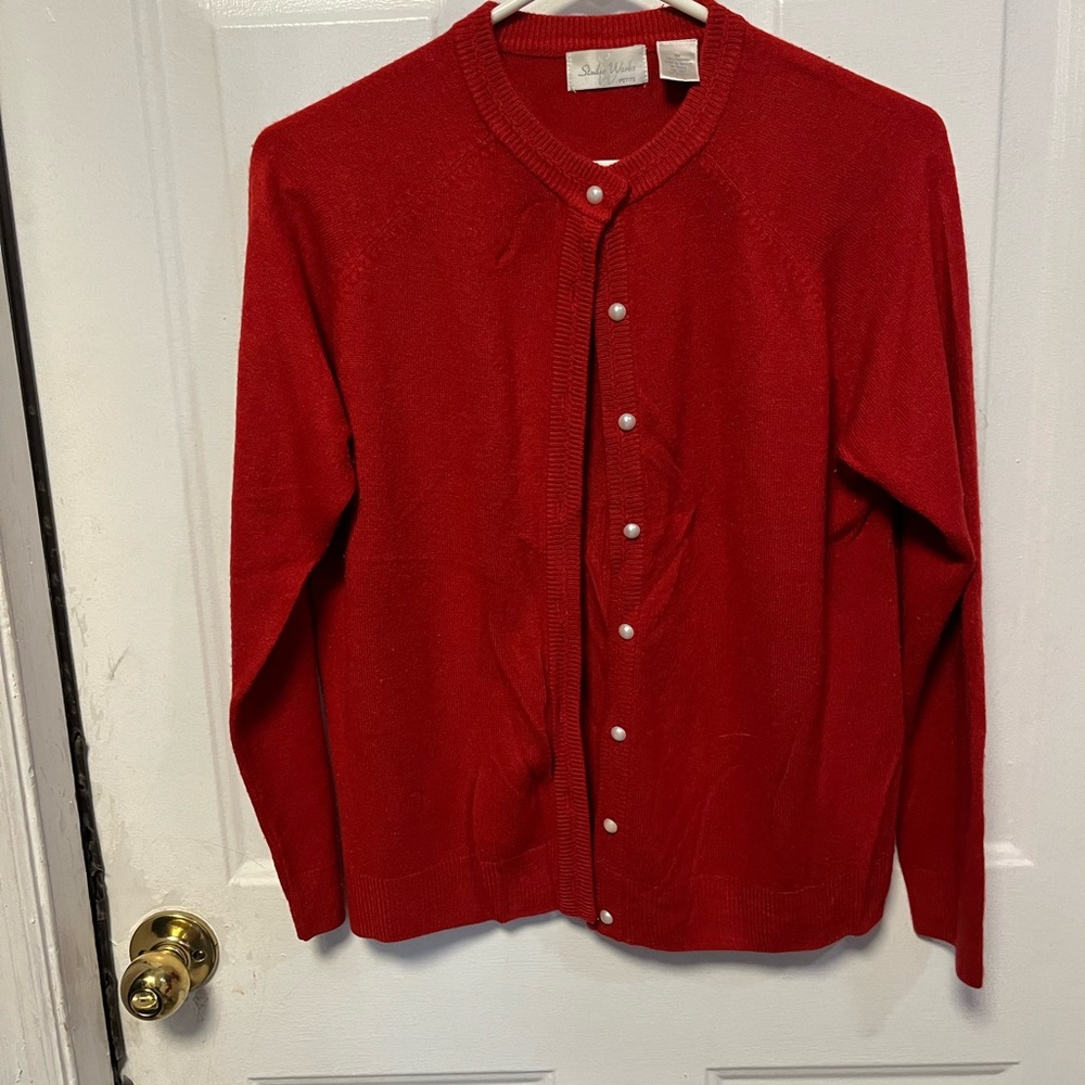 Vintage Studio Works Red women’s petite med Cardigan Sweater with Pearl buttons
